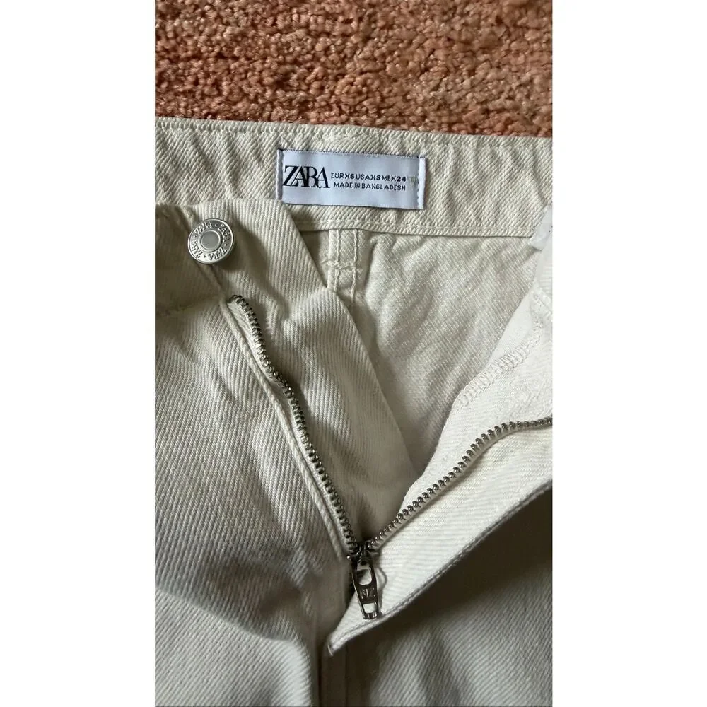 ZARA High Waisted Denim Midi Skirt Cream Slit Size XS - Picture 2 of 8